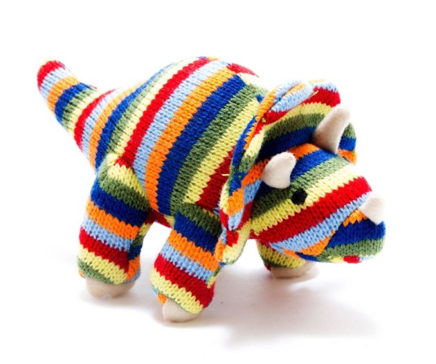 Knitted stripe triceratops dinosaur baby rattle
